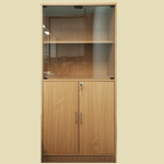 wooden filing cabinet with glass door