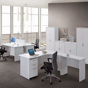 white color office tables and filing cabinets in white color